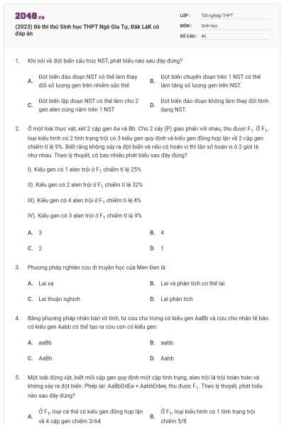 (2023) Đề thi thử Sinh học THPT Ngô Gia Tự, Đắk LắK có đáp án