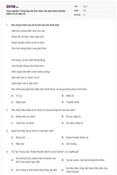 Trắc nghiệm Tổng hợp đề đọc hiểu văn bản Đoàn thuyền đánh cá có đáp án