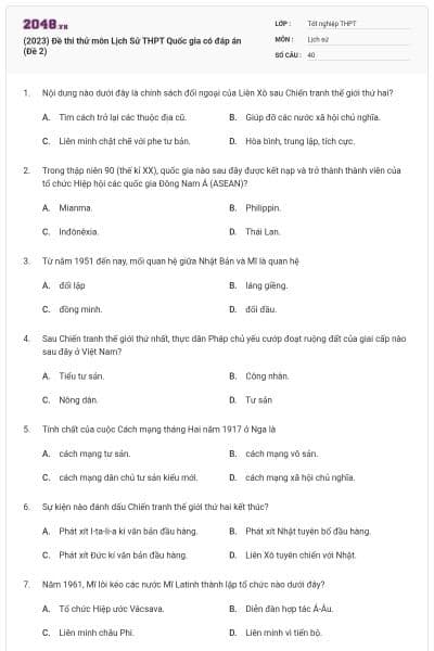 (2023) Đề thi thử môn Lịch Sử THPT Quốc gia có đáp án (Đề 2)