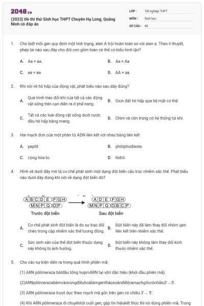 (2023) Đề thi thử Sinh học THPT Chuyên Hạ Long, Quãng Ninh có đáp án
