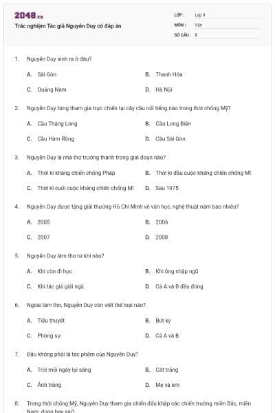 Trắc nghiệm Tác giả Nguyễn Duy có đáp án