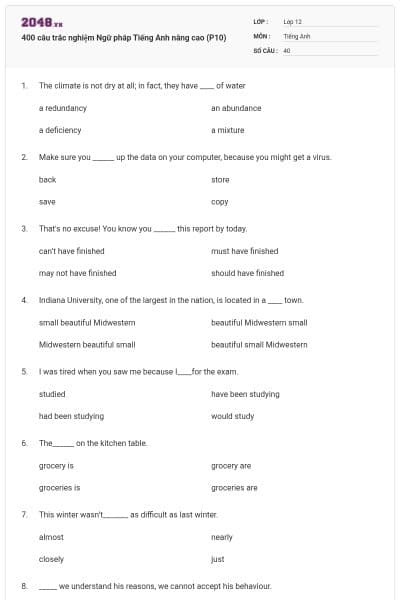 400 câu trắc nghiệm Ngữ pháp Tiếng Anh nâng cao (P10)