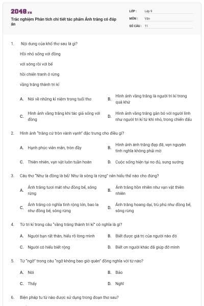 Trắc nghiệm Phân tích chi tiết tác phẩm Ánh trăng có đáp án