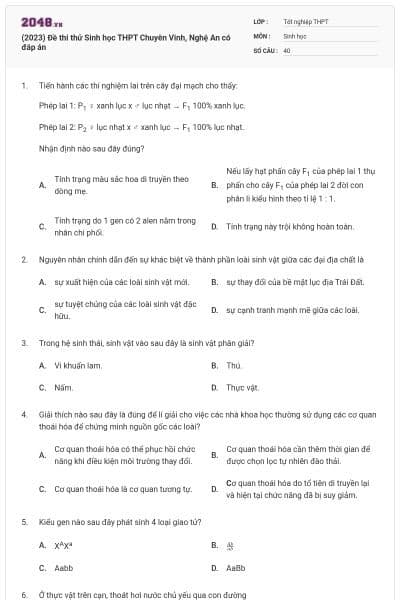 (2023) Đề thi thử Sinh học THPT Chuyên Vinh, Nghệ An có đáp án