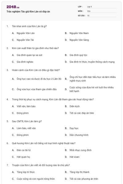 Trắc nghiệm Tác giả Kim Lân có đáp án