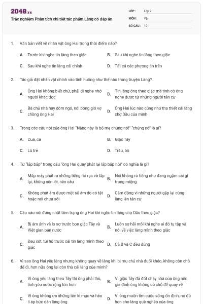 Trắc nghiệm Phân tích chi tiết tác phẩm Làng có đáp án