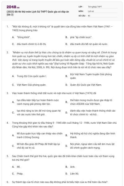 (2023) Đề thi thử môn Lịch Sử THPT Quốc gia có đáp án (Đề 3)