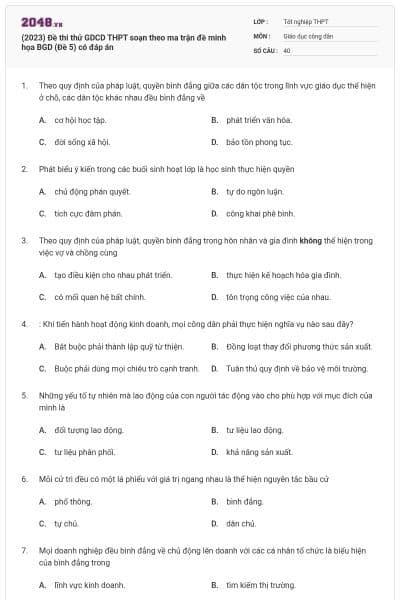 (2023) Đề thi thử GDCD THPT soạn theo ma trận đề minh họa BGD (Đề 5) có đáp án