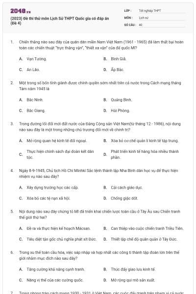 (2023) Đề thi thử môn Lịch Sử THPT Quốc gia có đáp án (Đề 4)
