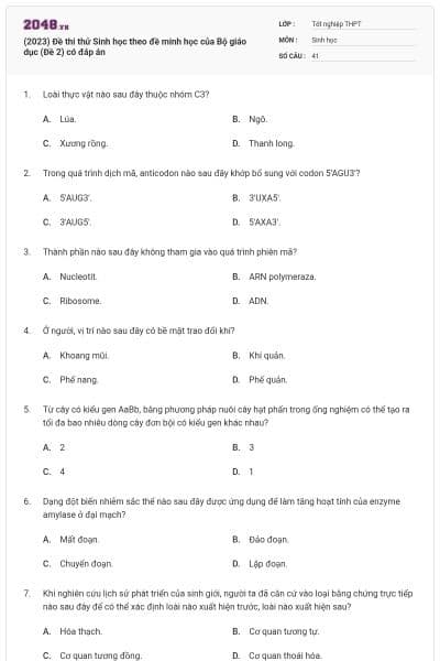 (2023) Đề thi thử Sinh học theo đề minh học của Bộ giáo dục (Đề 2) có đáp án
