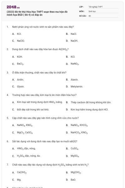 (2023) Đề thi thử Hóa Học THPT soạn theo ma trận đề minh họa BGD ( Đề 4) có đáp án