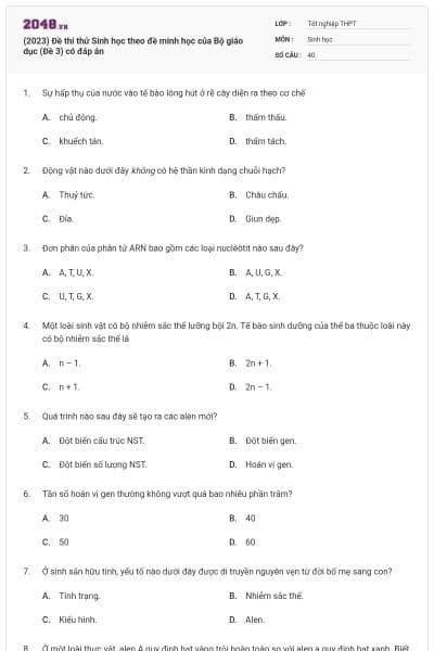 (2023) Đề thi thử Sinh học theo đề minh học của Bộ giáo dục (Đề 3) có đáp án