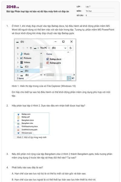 Bài tập Phân loại tệp và bảo vệ dữ liệu máy tính có đáp án