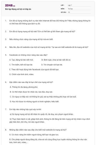 Bài tập Mạng xã hội có đáp án