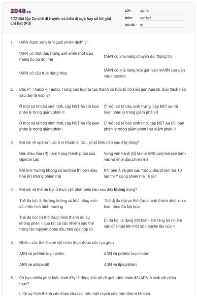 172 Bài tập Cơ chế di truyền và biến dị cực hay có lời giải chi tiết (P3)