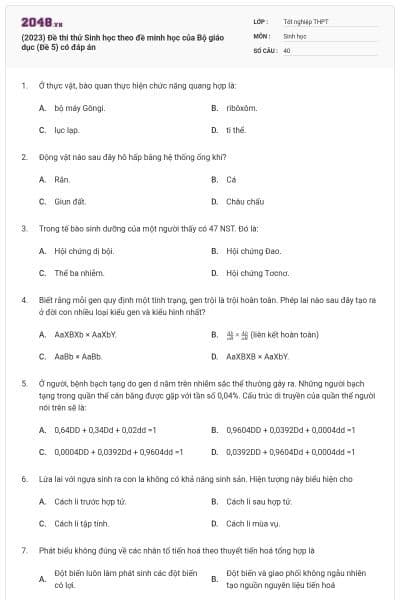 (2023) Đề thi thử Sinh học theo đề minh học của Bộ giáo dục (Đề 5) có đáp án