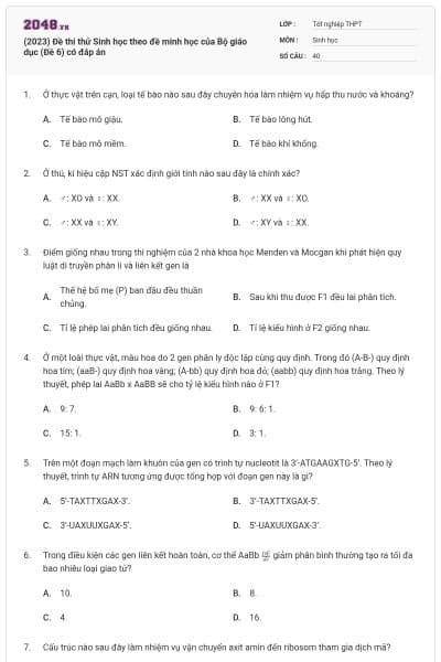 (2023) Đề thi thử Sinh học theo đề minh học của Bộ giáo dục (Đề 6) có đáp án