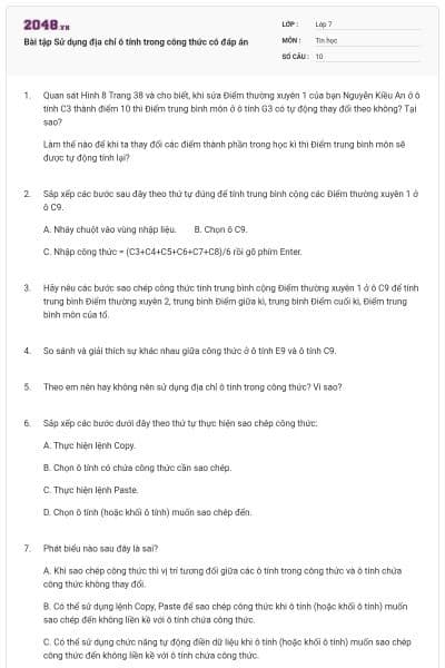 Bài tập Sử dụng địa chỉ ô tính trong công thức có đáp án