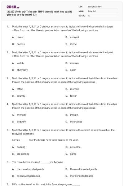 (2023) Đề thi thử Tiếng anh THPT theo đề minh họa của Bộ giáo dục có đáp án (Đề 93)