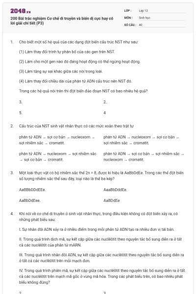 200 Bài trắc nghiệm Cơ chế di truyền và biến dị cực hay có lời giải chi tiết (P3)