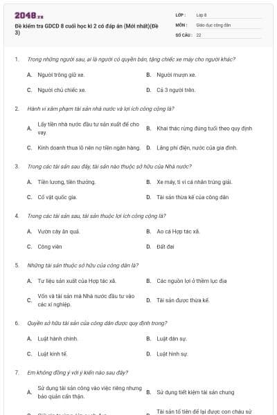 Đề kiểm tra GDCD 8 cuối học kì 2 có đáp án (Mới nhất)(Đề 3)