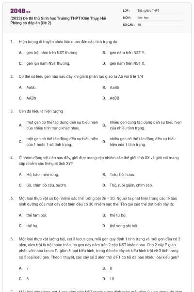 (2023) Đề thi thử Sinh học Trường THPT Kiến Thụy, Hải Phòng có đáp án (Đề 2)