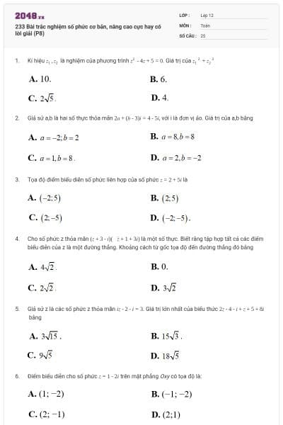 233 Bài trắc nghiệm số phức cơ bản, nâng cao cực hay có lời giải (P8)
