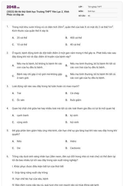 (2023) Đề thi thử Sinh học Trường THPT Yên Lạc 2, Vĩnh Phúc có đáp án