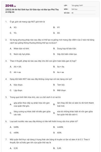 (2023) Đề thi thử Sinh học Sở Giáo dục và Đào tạo Phú Thọ có đáp án
