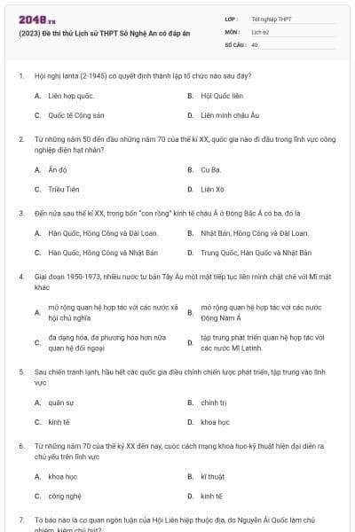(2023) Đề thi thử Lịch sử THPT Sở Nghệ An có đáp án