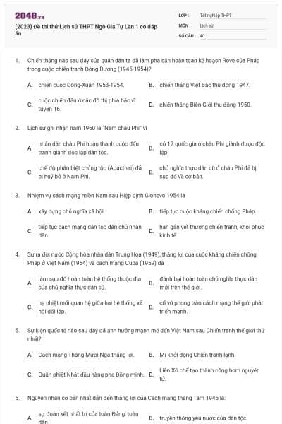 (2023) Đề thi thử Lịch sử THPT Ngô Gia Tự Lần 1 có đáp án