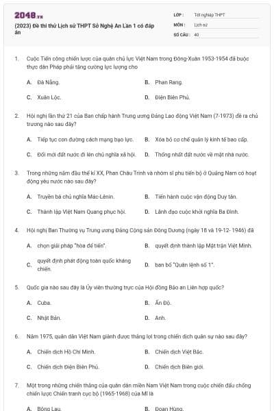(2023) Đề thi thử Lịch sử THPT Sở Nghệ An Lần 1 có đáp án