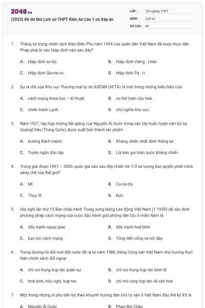 (2023) Đề thi thử Lịch sử THPT Kiến An Lần 1 có đáp án