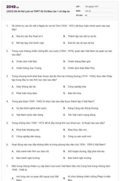 (2023) Đề thi thử Lịch sử THPT Sở Cà Mau Lần 1 có đáp án