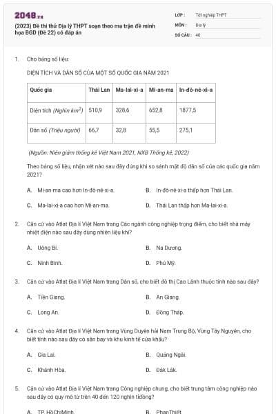 (2023) Đề thi thử Địa lý THPT soạn theo ma trận đề minh họa BGD (Đề 22) có đáp án