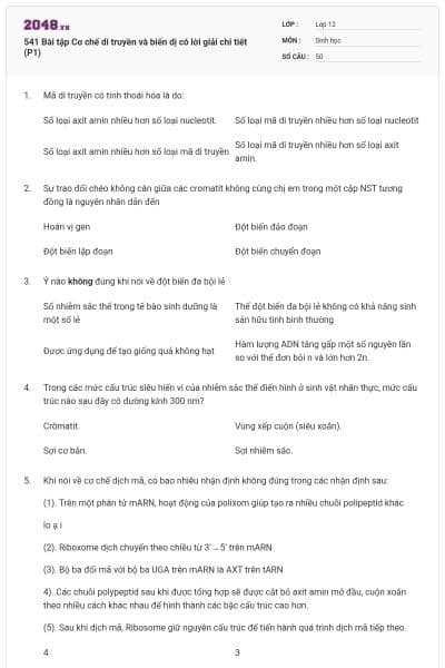 541 Bài tập Cơ chế di truyền và biến dị có lời giải chi tiết (P1)
