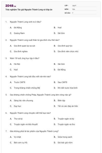 Trắc nghiệm Tác giả Nguyễn Thành Long có đáp án