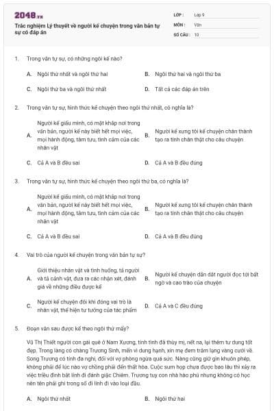 Trắc nghiệm Lý thuyết về người kể chuyện trong văn bản tự sự có đáp án