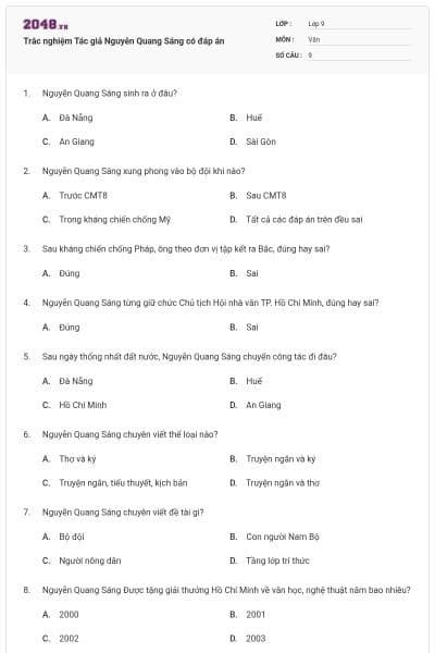 Trắc nghiệm Tác giả Nguyễn Quang Sáng có đáp án