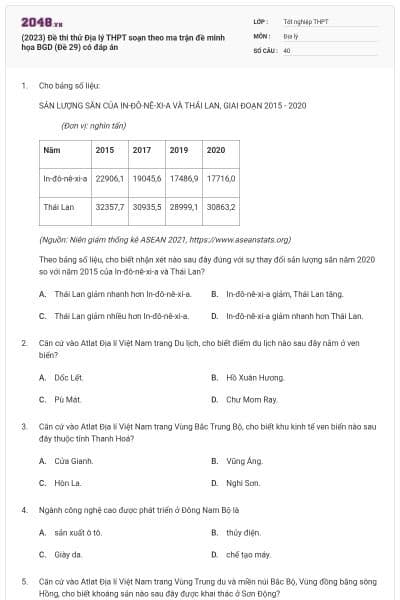 (2023) Đề thi thử Địa lý THPT soạn theo ma trận đề minh họa BGD (Đề 29) có đáp án