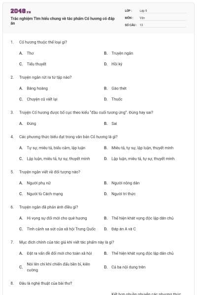 Trắc nghiệm Tìm hiểu chung về tác phẩm Cố hương có đáp án