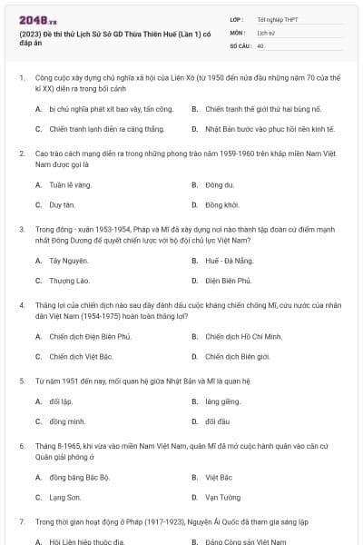 (2023) Đề thi thử Lịch Sử Sở GD Thừa Thiên Huế (Lần 1) có đáp án