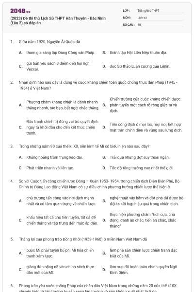 (2023) Đề thi thử Lịch Sử THPT Hàn Thuyên - Bắc Ninh (Lần 2) có đáp án