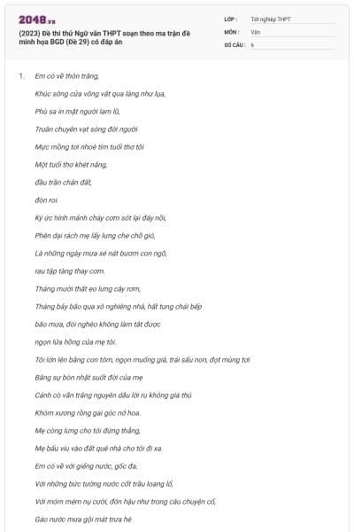 (2023) Đề thi thử Ngữ văn THPT soạn theo ma trận đề minh họa BGD (Đề 29) có đáp án