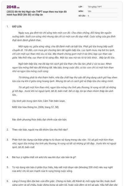(2023) Đề thi thử Ngữ văn THPT soạn theo ma trận đề minh họa BGD (Đề 30) có đáp án
