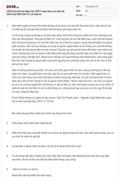 (2023) Đề thi thử Ngữ văn THPT soạn theo ma trận đề minh họa BGD (Đề 31) có đáp án