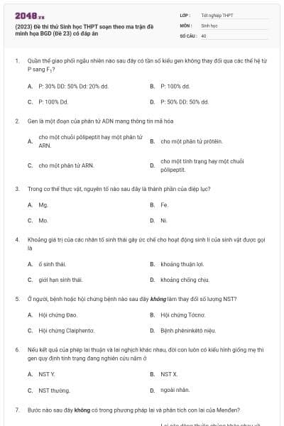 (2023) Đề thi thử Sinh học THPT soạn theo ma trận đề minh họa BGD (Đề 23) có đáp án