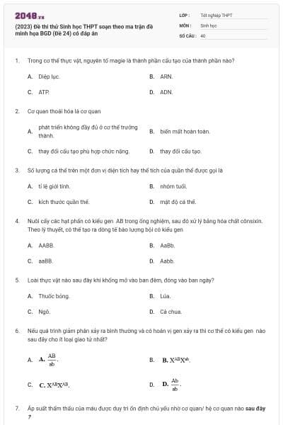 (2023) Đề thi thử Sinh học THPT soạn theo ma trận đề minh họa BGD (Đề 24) có đáp án