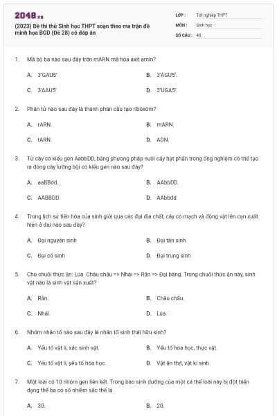 (2023) Đề thi thử Sinh học THPT soạn theo ma trận đề minh họa BGD (Đề 28) có đáp án