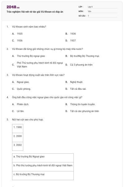 Trắc nghiệm Vài nét về tác giả Vũ Khoan có đáp án